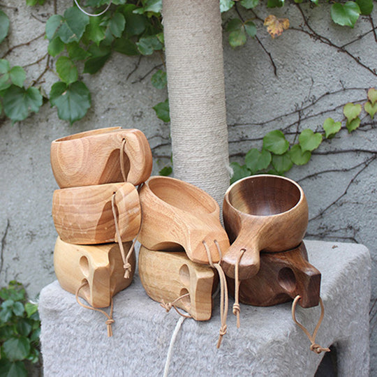 Handmade Wooden Cup And Carrying Rope